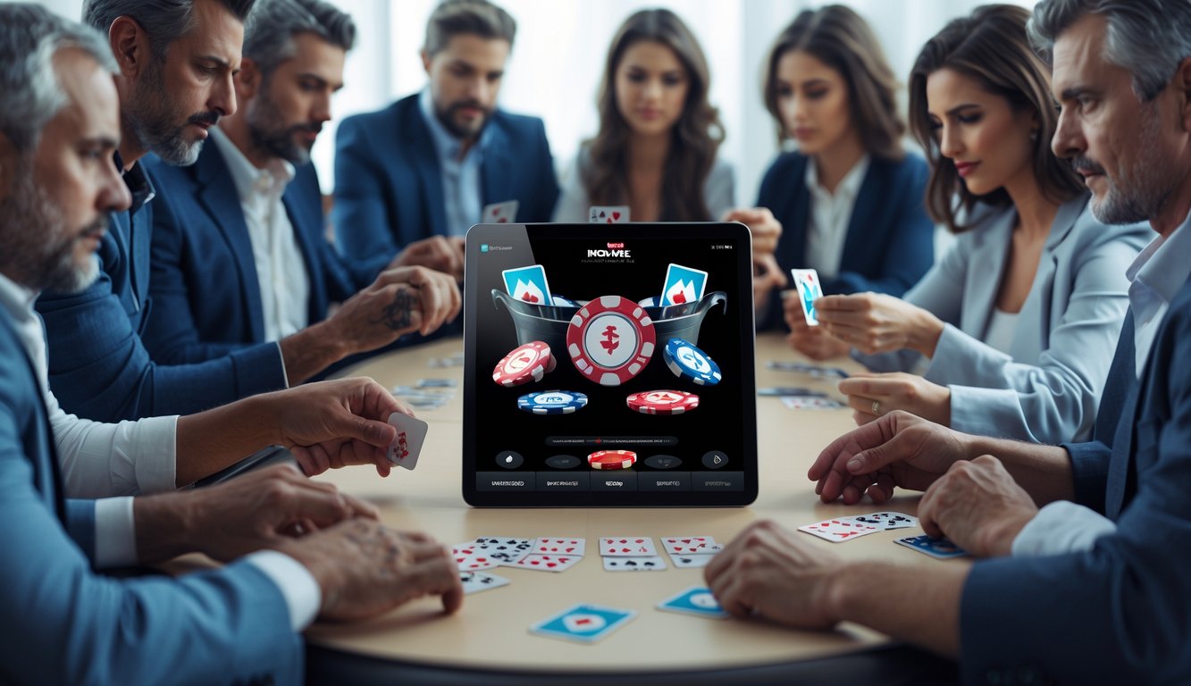 Beberapa orang dewasa sedang bermain poker online secara kompetitif di depan layar digital dengan kartu dan chip.
