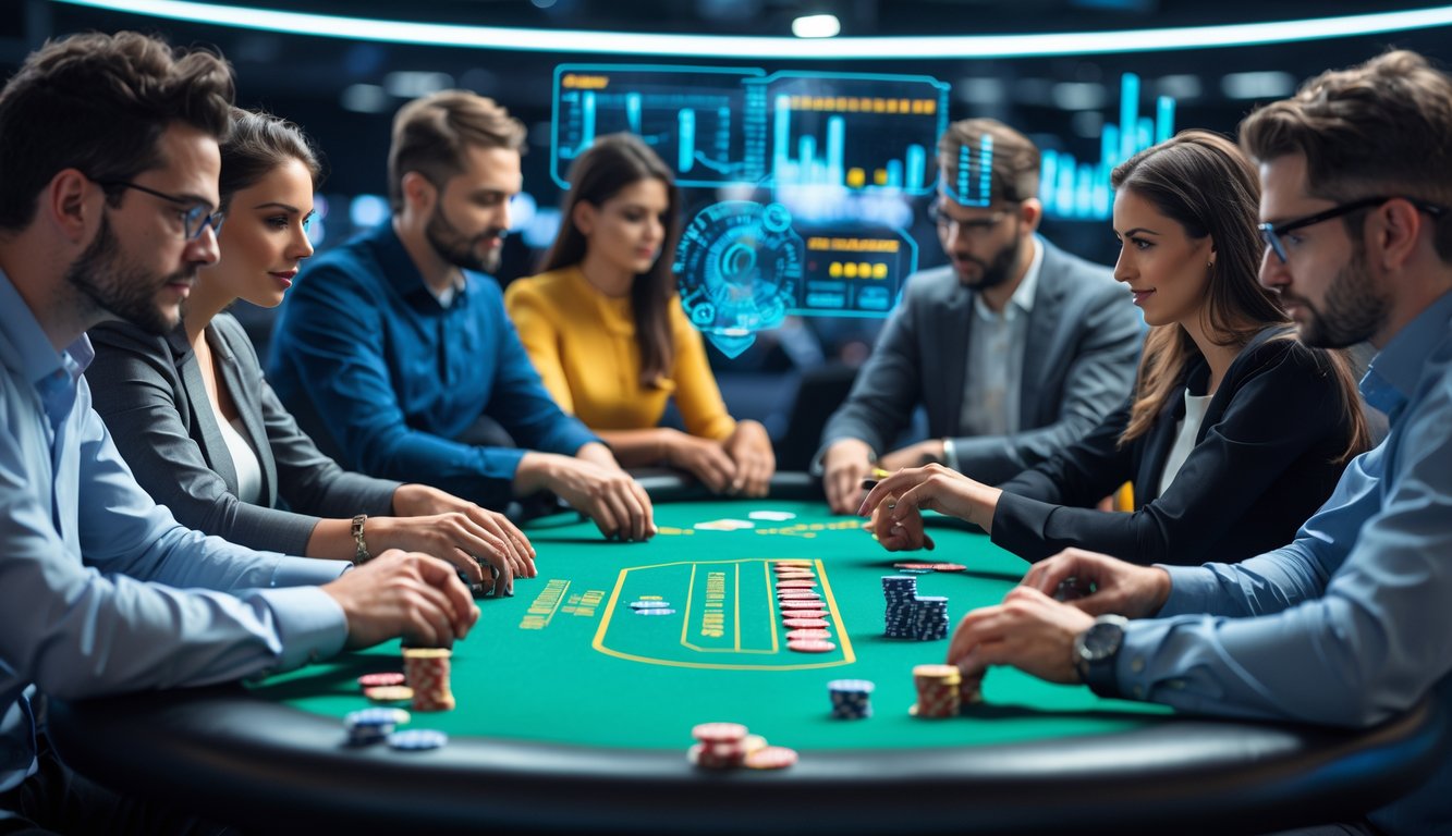 Meja poker dengan beberapa pemain yang sedang fokus bermain dalam suasana permainan online yang dinamis.