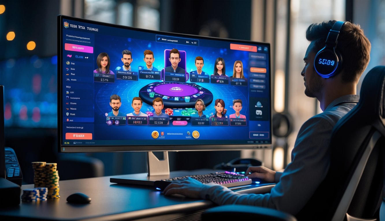 Sebuah meja komputer modern dengan layar menampilkan permainan poker online dan timer turnamen yang dijadwalkan.