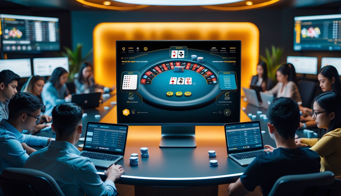 Beberapa orang bermain poker online di depan layar komputer dengan suasana modern dan profesional.