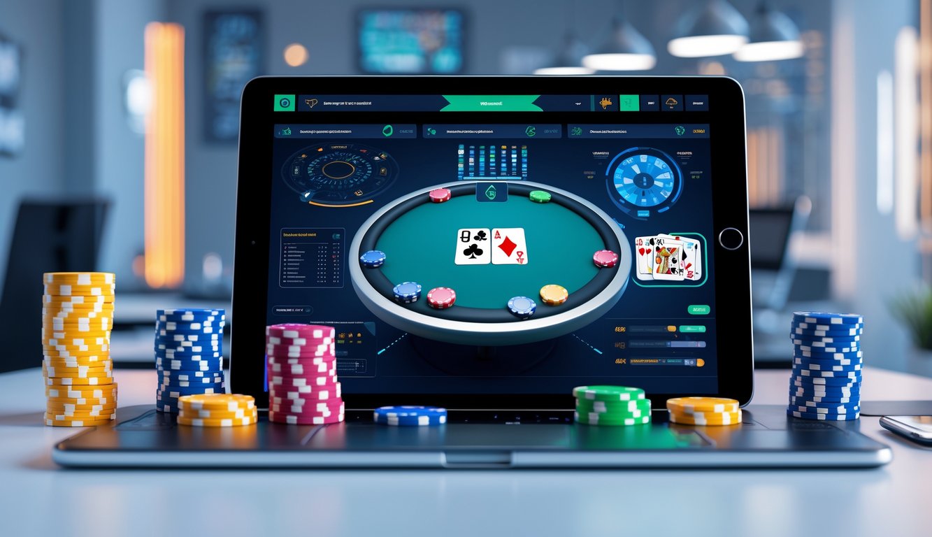 Seseorang menggunakan komputer dengan meja poker digital yang menampilkan grafik analitik di layar.