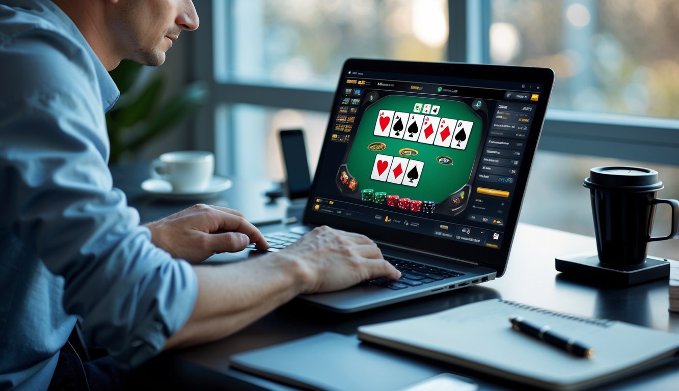 Seseorang sedang bermain poker online di depan laptop di sebuah ruangan yang terang dan nyaman.