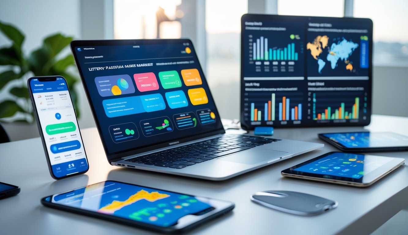 Meja kerja modern dengan laptop, smartphone, dan tablet yang menampilkan grafik dan data pasar lotre online.