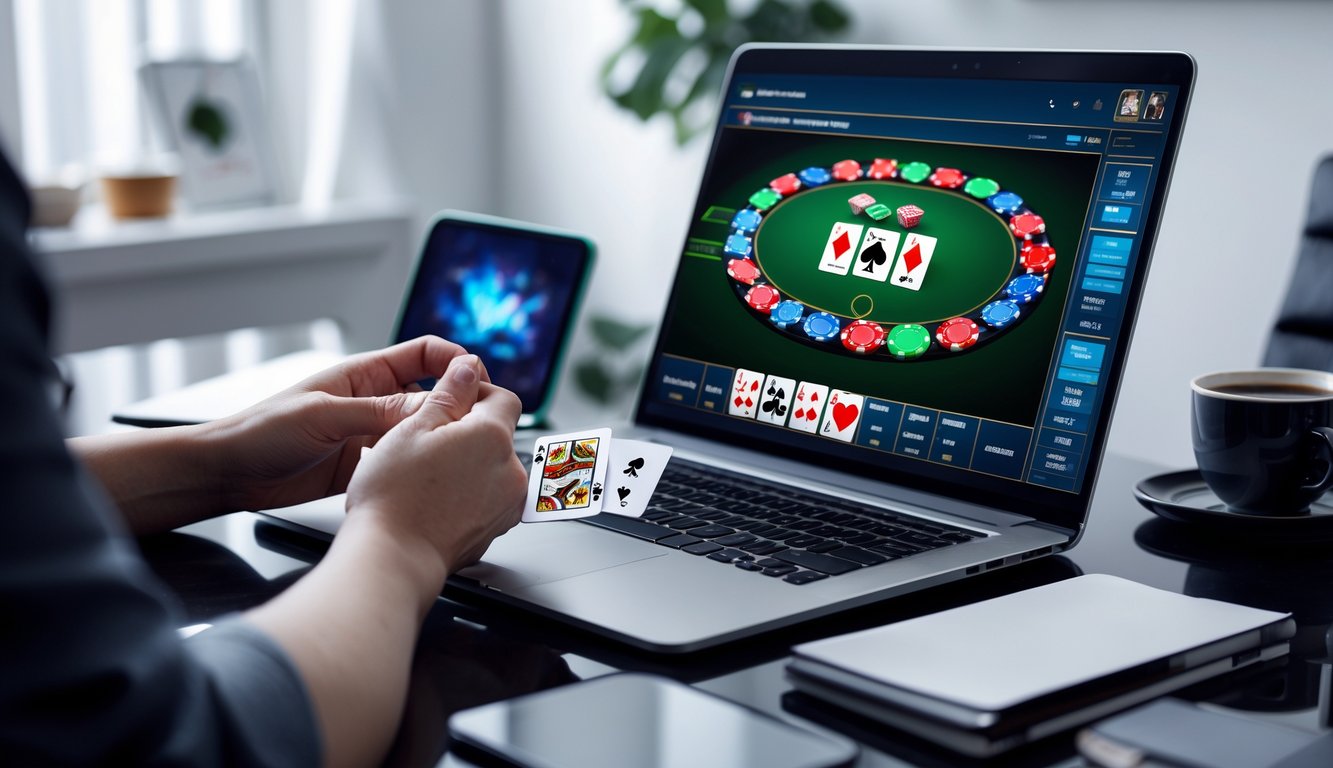 Seorang pemain sedang bermain poker online menggunakan komputer dengan chip dan kartu poker di layar.