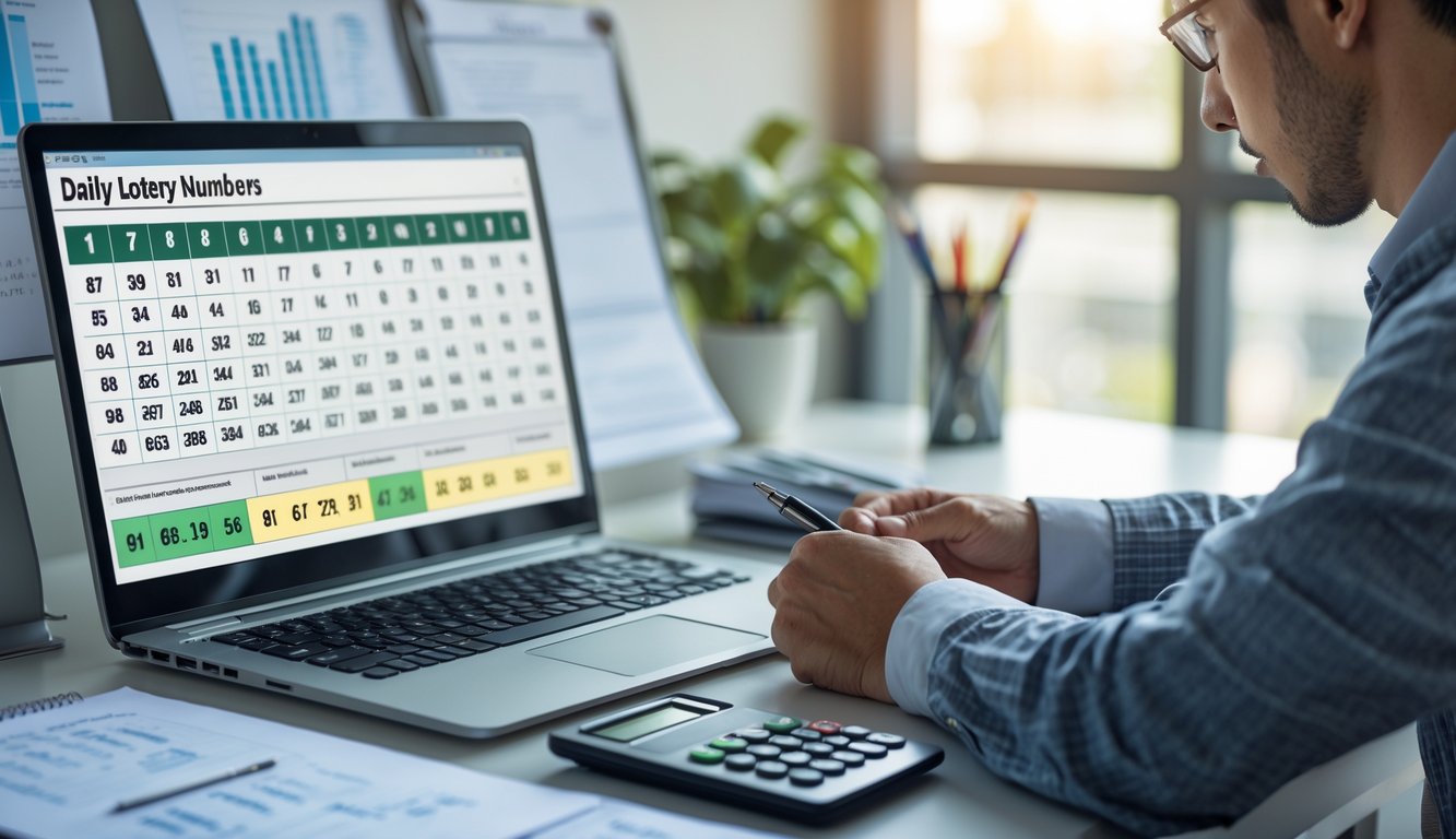 Seseorang sedang menganalisis angka harian togel secara serius di depan laptop dengan alat tulis dan dokumen di meja kerja.