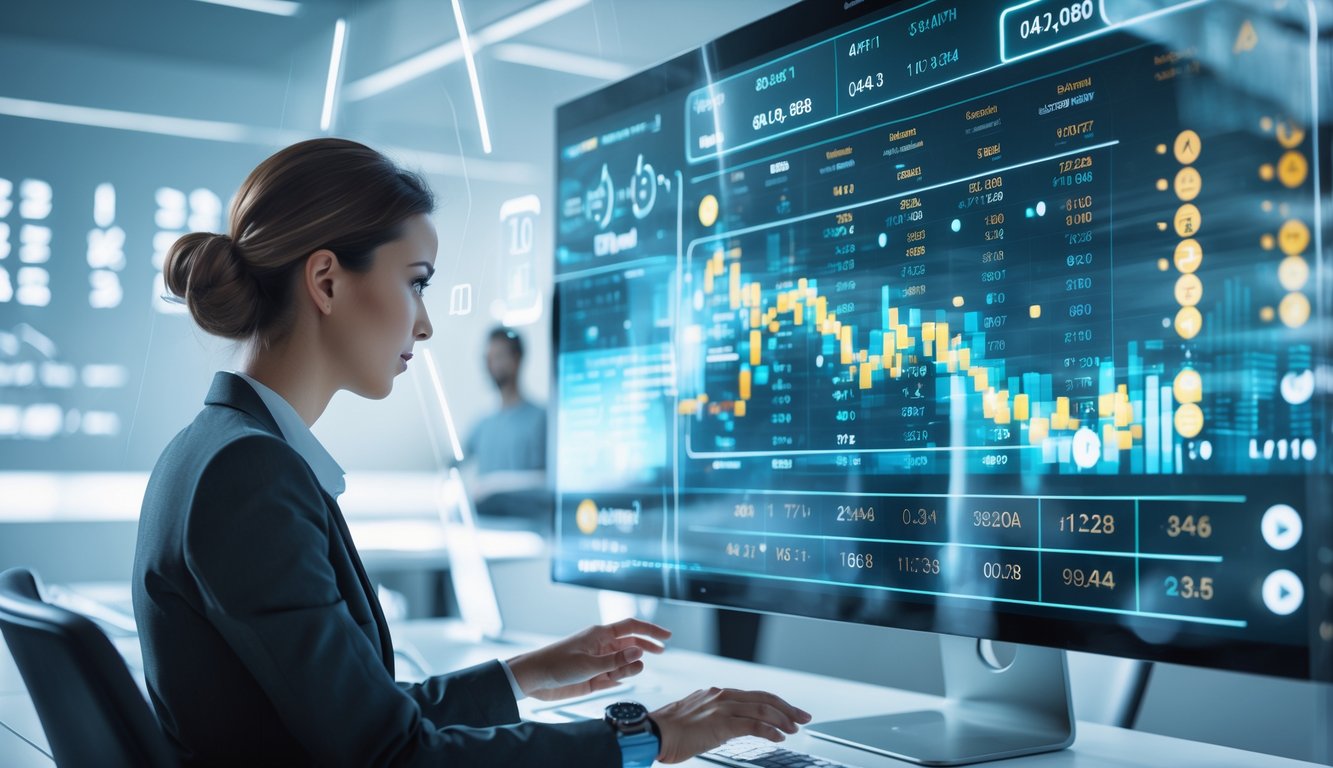 Seorang individu menggunakan layar digital besar yang menampilkan data dan grafik togel secara real-time di ruang kerja modern.