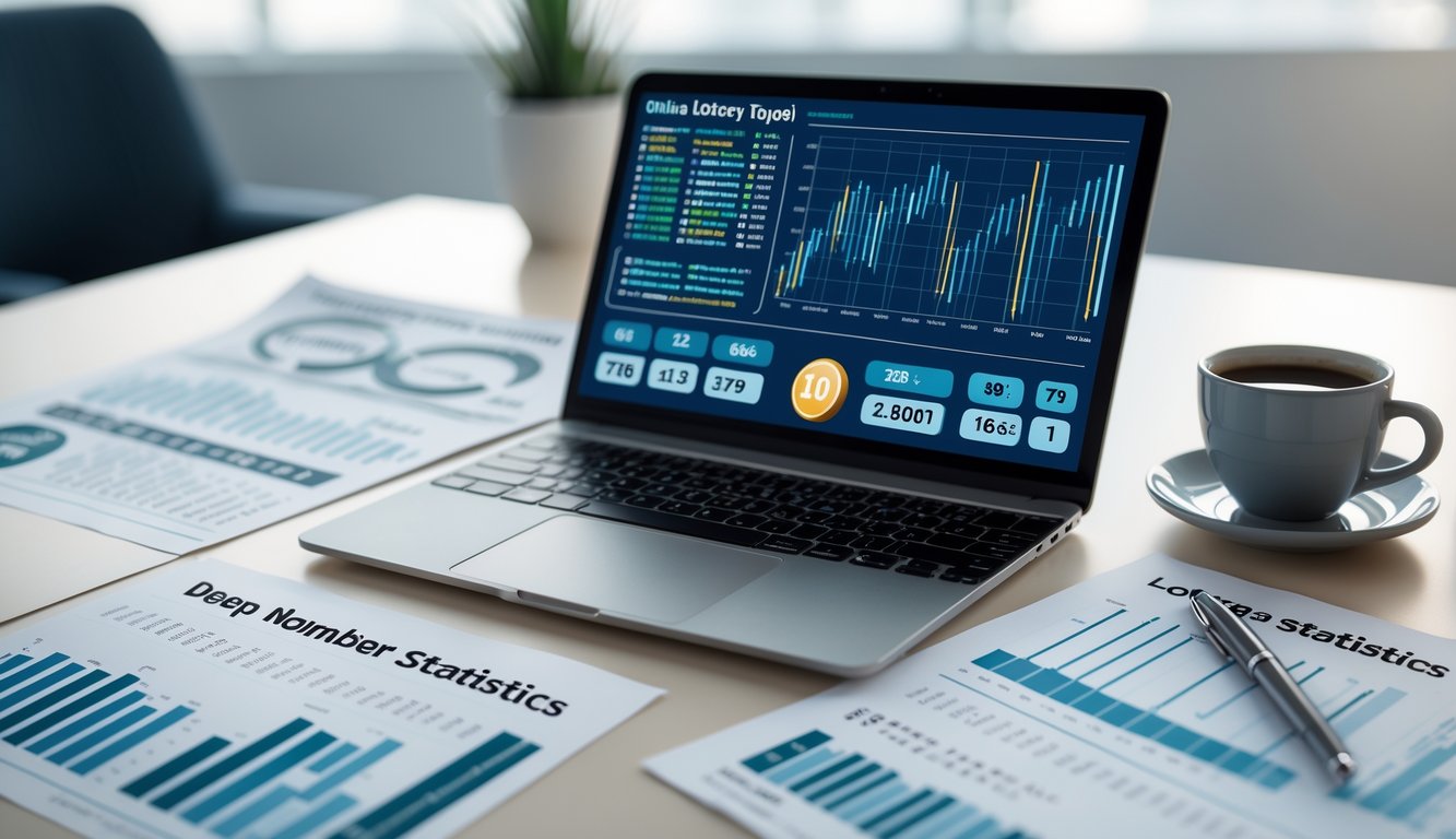 Sebuah meja kerja dengan laptop yang menampilkan data statistik angka togel dan beberapa lembar kertas dengan diagram serta alat tulis di sekitarnya.
