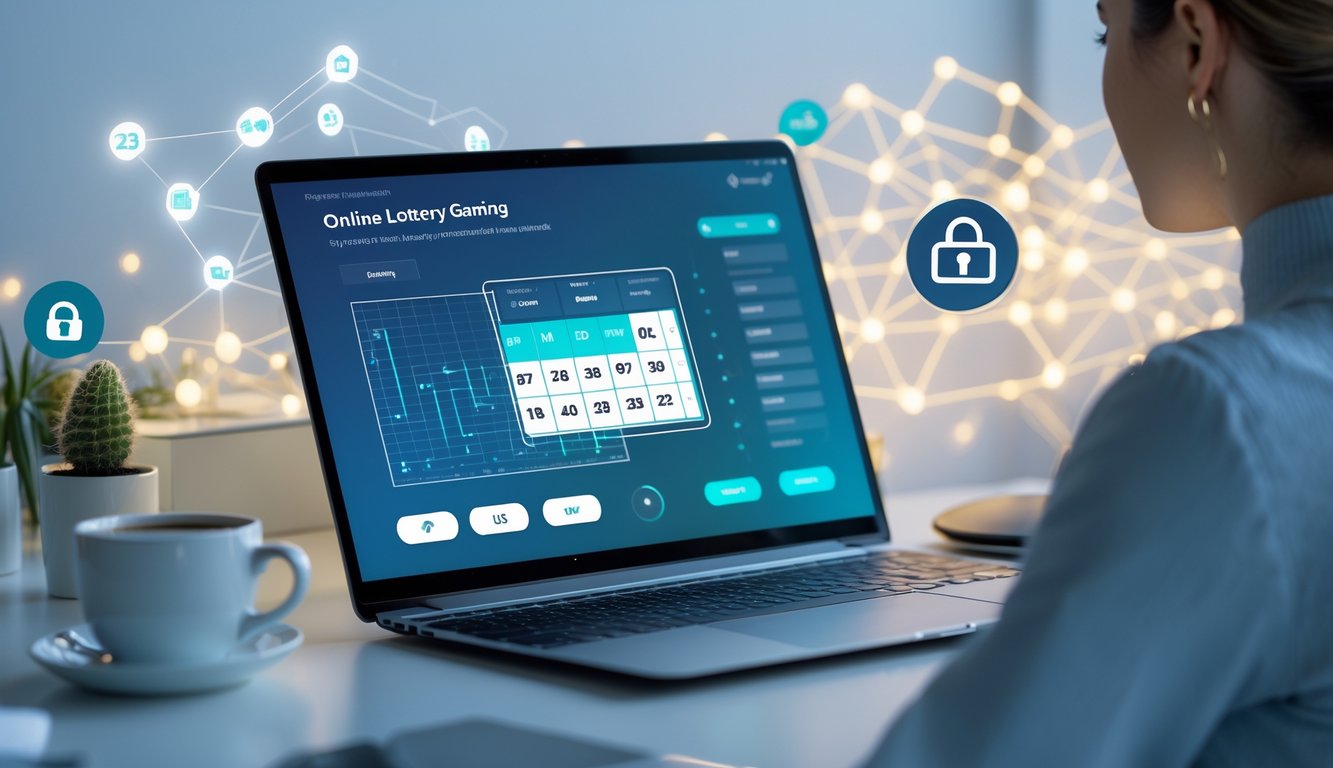 Sebuah laptop di atas meja dengan tampilan layar yang menampilkan antarmuka permainan lotere online, dikelilingi simbol keamanan dan jaringan digital yang menunjukkan sistem informasi terpercaya.