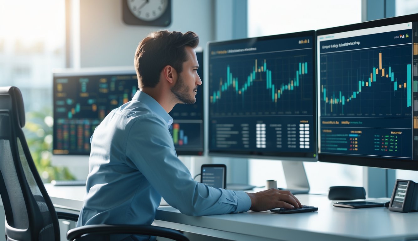 Seorang pria sedang duduk di meja dengan beberapa layar komputer yang menampilkan grafik dan data pemantauan undian lotre secara online.