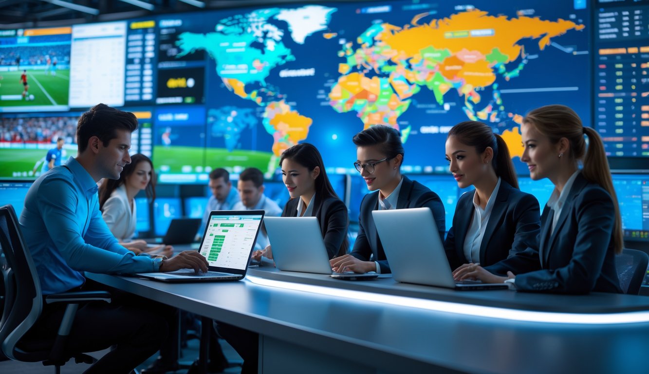 Orang-orang bekerja di ruang kerja modern dengan beberapa layar menampilkan pertandingan olahraga global secara langsung.