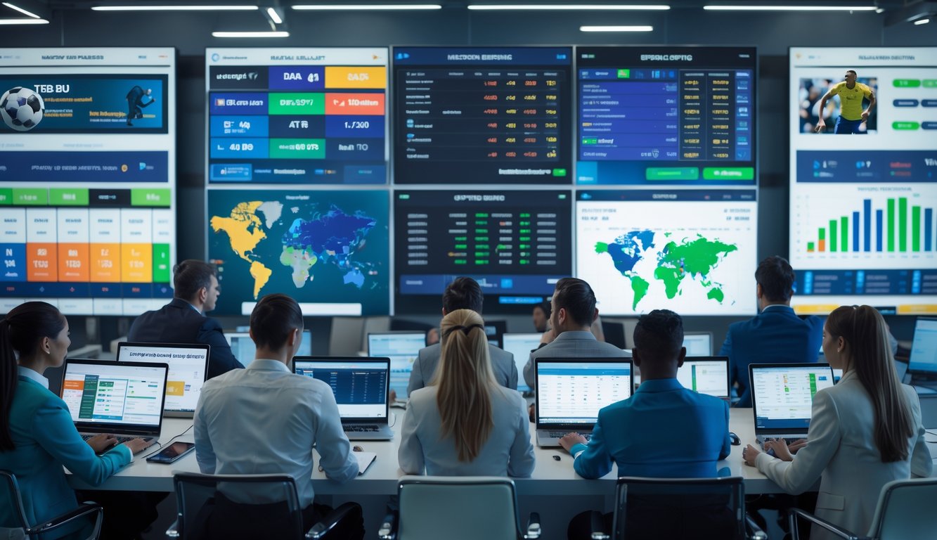 Orang-orang bekerja di ruang kerja modern dengan beberapa layar besar menampilkan pertandingan olahraga dan data taruhan secara real-time.