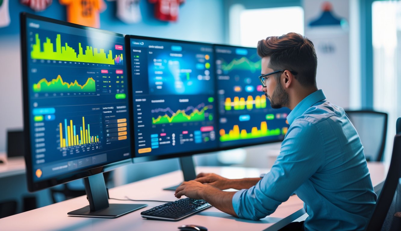 Seseorang sedang menganalisis data pertandingan sepak bola di komputer dengan beberapa layar di ruang kantor modern.