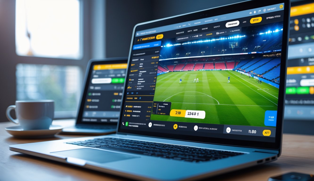 Seorang pengguna di depan laptop yang menampilkan pembaruan langsung pertandingan sepak bola dalam suasana kerja yang modern dan dinamis.