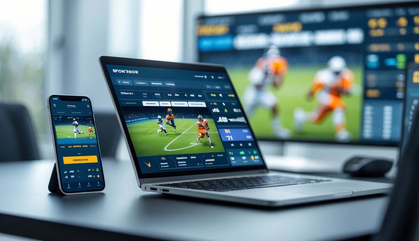 Sebuah ruang kerja modern dengan beberapa perangkat digital yang menampilkan antarmuka taruhan olahraga secara online.