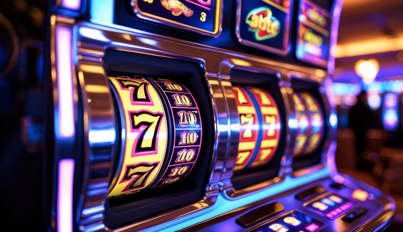 Mesin slot modern dengan gulungan berwarna-warni yang sedang berputar dan fokus tajam.
