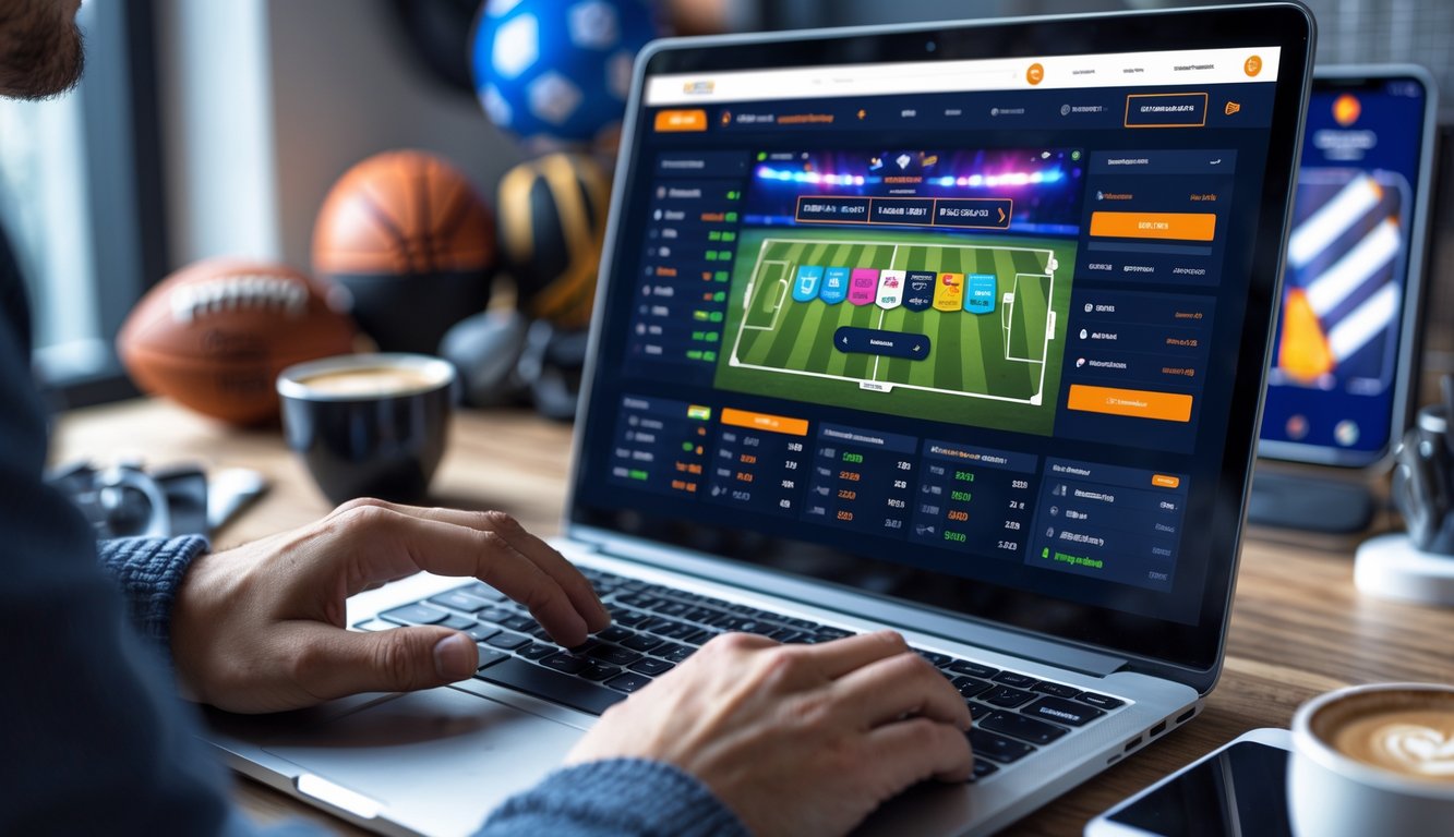 Seseorang menggunakan laptop di meja kerja dengan tampilan berbagai pilihan pertandingan olahraga di layar.