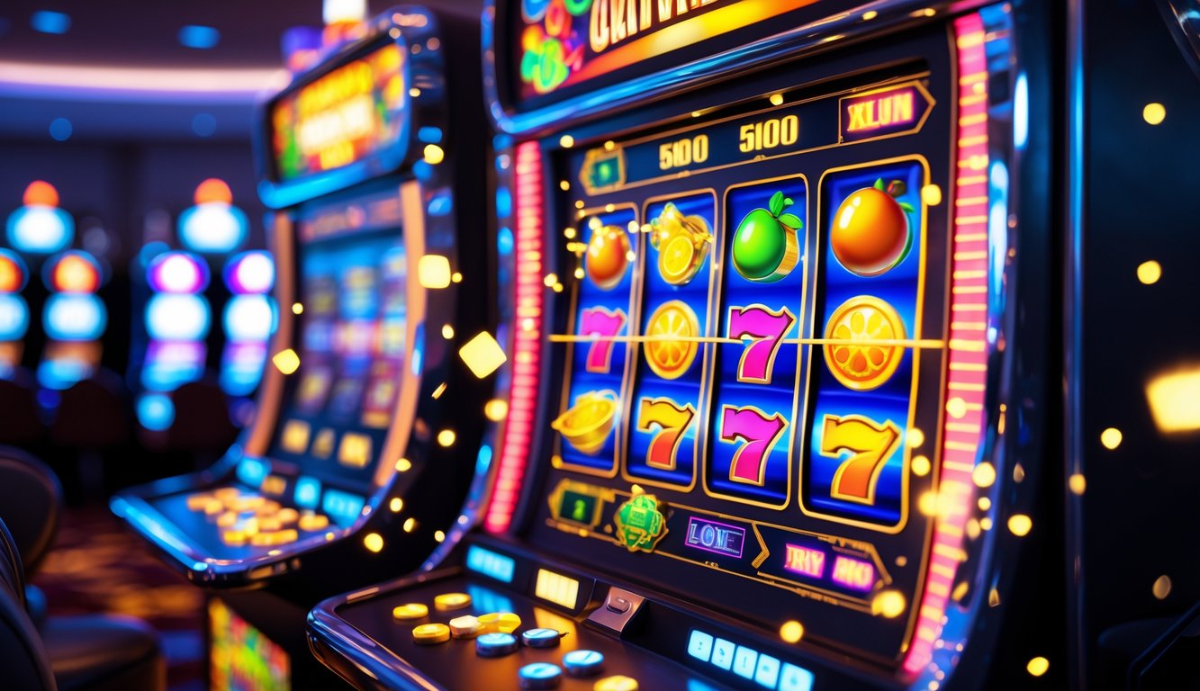 Mesin slot modern berwarna cerah dengan lampu menyala dan efek bonus aktif di dalam kasino.
