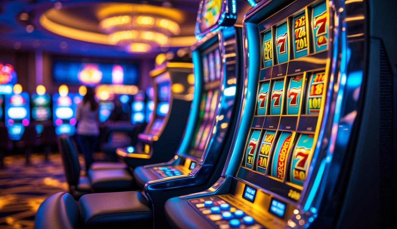 Mesin slot modern di dalam kasino dengan simbol kemenangan yang terlihat jelas dan suasana kasino yang ramai.