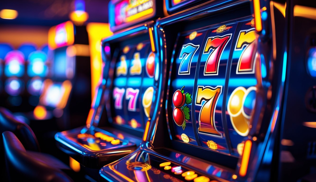 Mesin slot modern dengan gulungan berwarna-warni yang sedang berputar di dalam kasino.