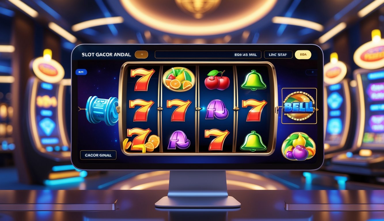 Tampilan layar permainan slot online dengan gulungan berwarna-warni yang sedang berputar di dalam lingkungan kasino modern.