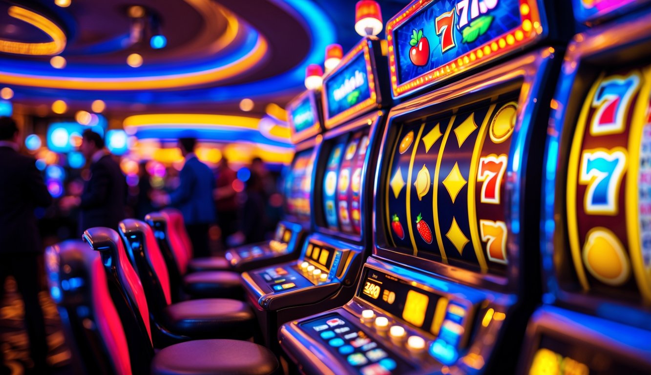 Mesin slot modern dengan gulungan berwarna-warni yang berputar cepat di kasino yang ramai.