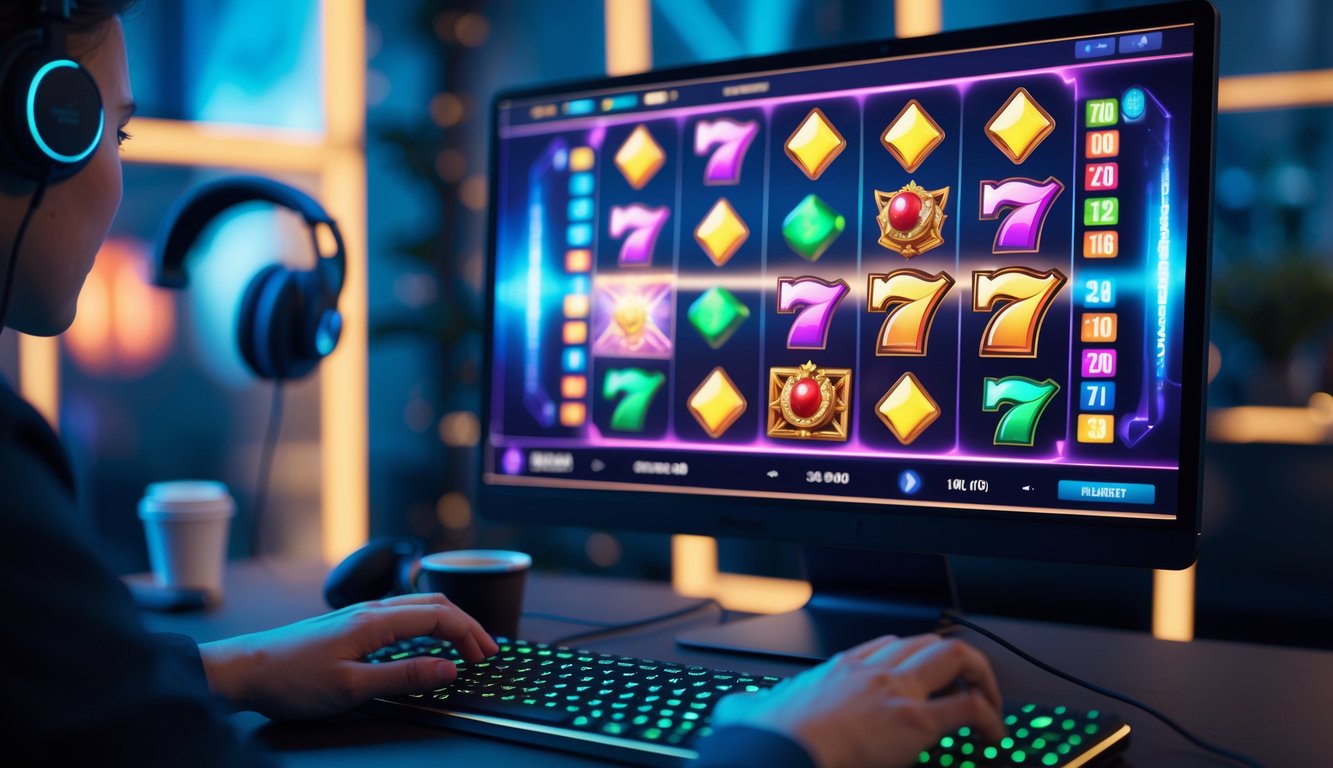 Seorang pemain sedang menggunakan komputer dengan tampilan permainan slot online berwarna-warni di layar dalam ruangan dengan pencahayaan redup.