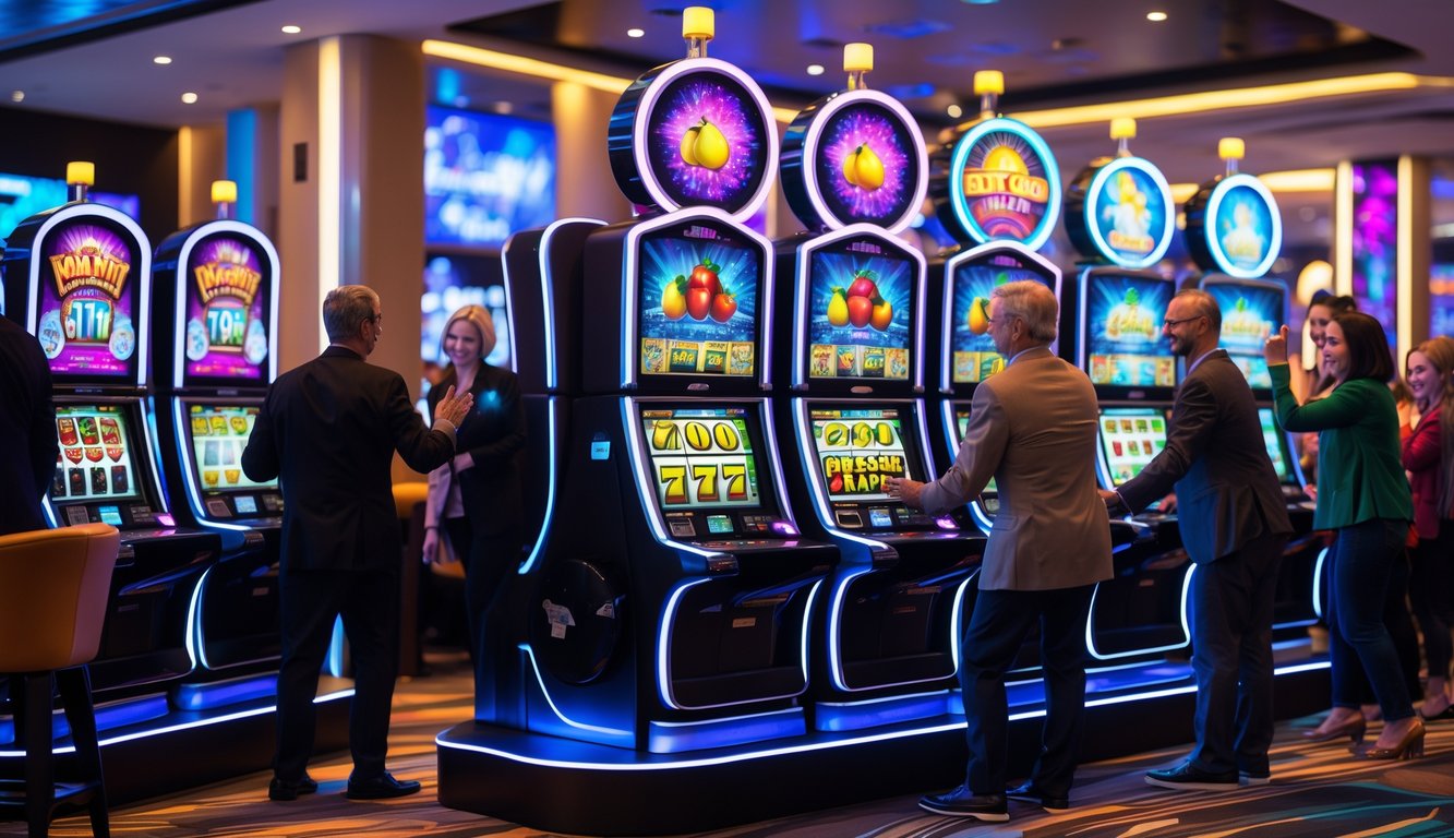 Beberapa mesin slot modern dengan layar berwarna cerah menampilkan tema permainan populer, dengan orang-orang yang sedang bermain dan terlihat antusias di dalam ruangan kasino.