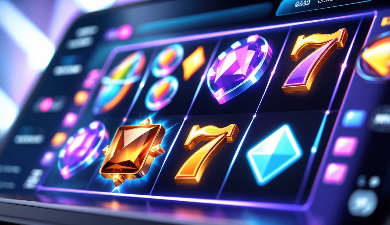 Tampilan layar perangkat digital menampilkan mesin slot online dengan simbol warna-warni dan efek cahaya yang menarik.
