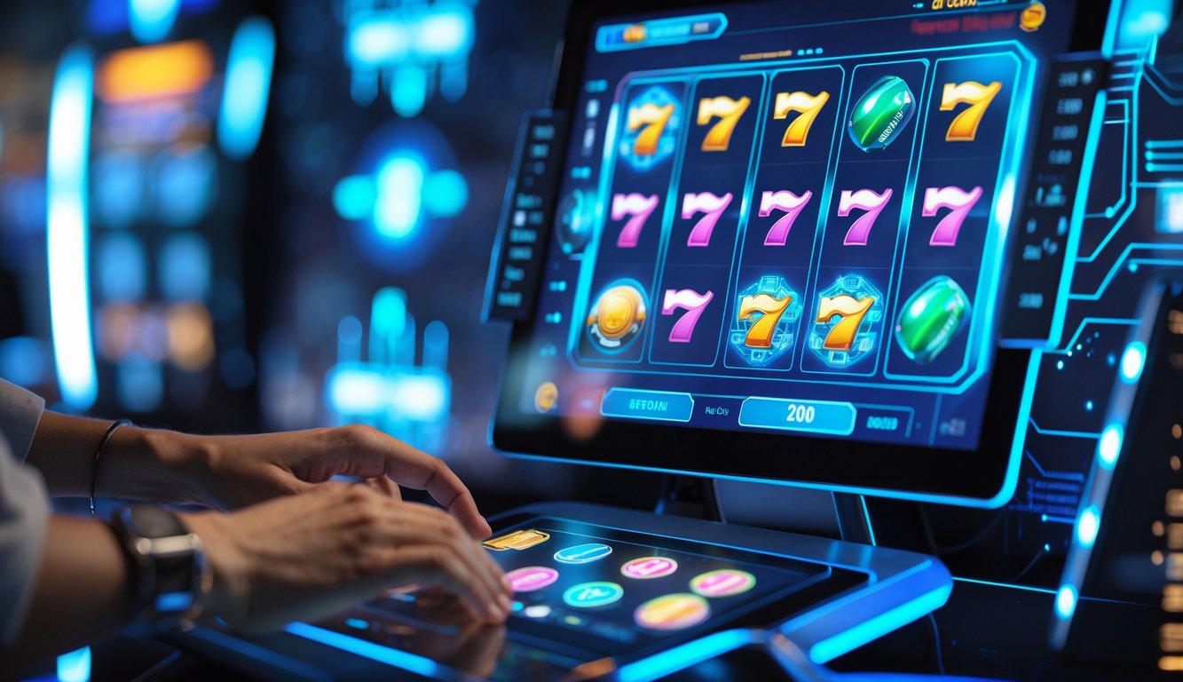 Seorang pemain sedang menggunakan mesin slot online dengan tampilan teknologi canggih dan gameplay yang presisi.