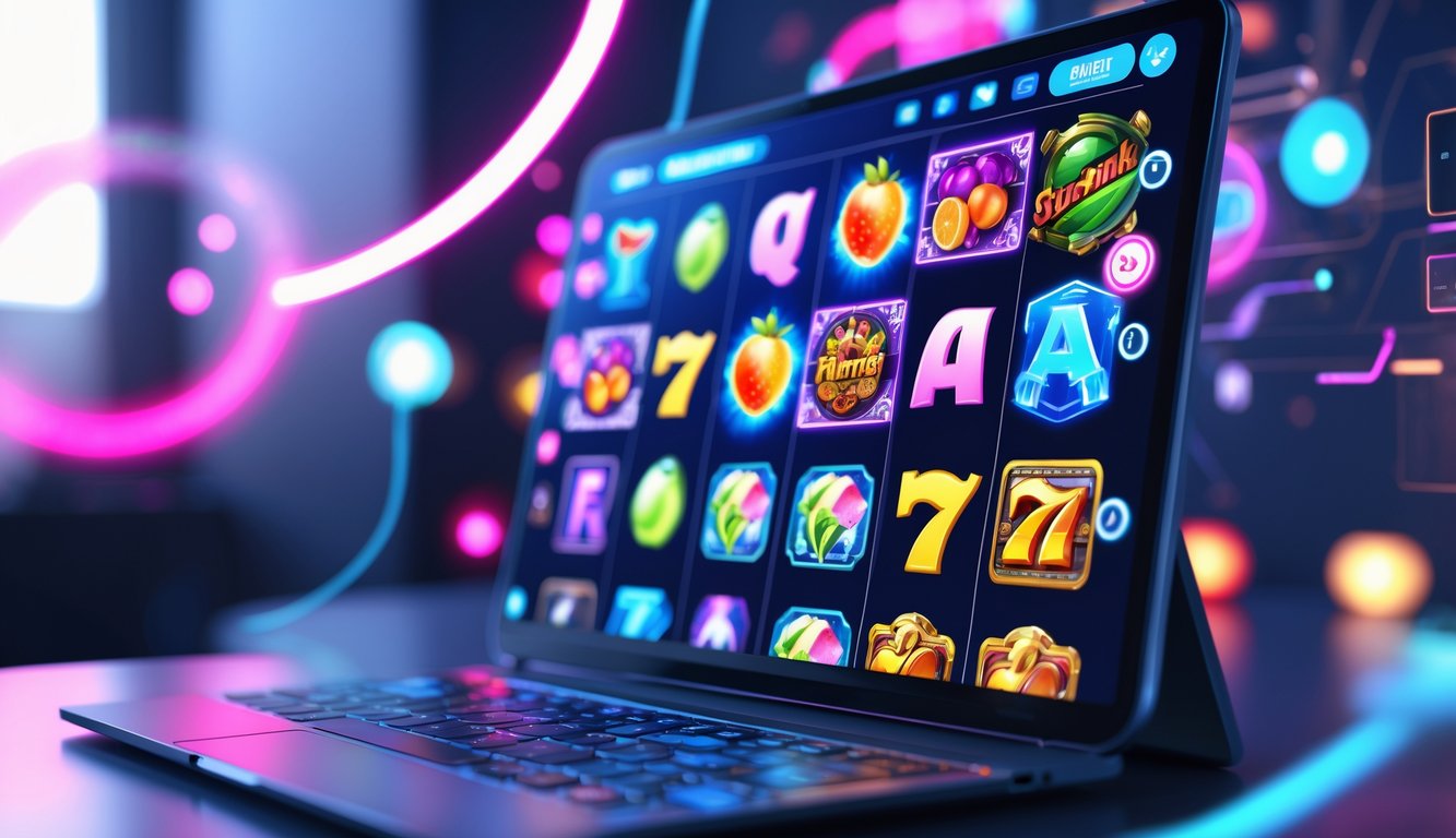 Layar komputer atau tablet yang menampilkan berbagai tema permainan slot online dengan simbol warna-warni dan latar belakang modern.