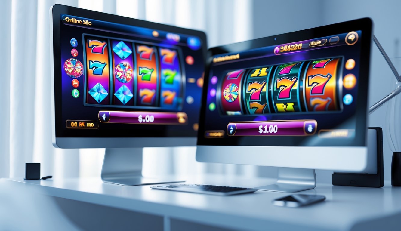 Tampilan antarmuka permainan slot online modern pada komputer dan ponsel di atas meja minimalis.