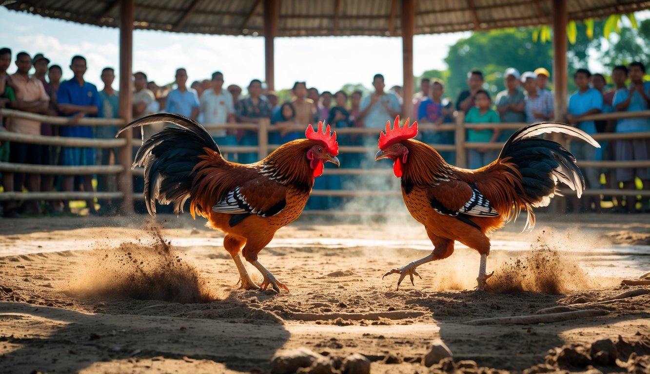 Dua ayam aduan sedang bertarung di arena sabung ayam yang terawat dengan penonton mengamati dari sekeliling.