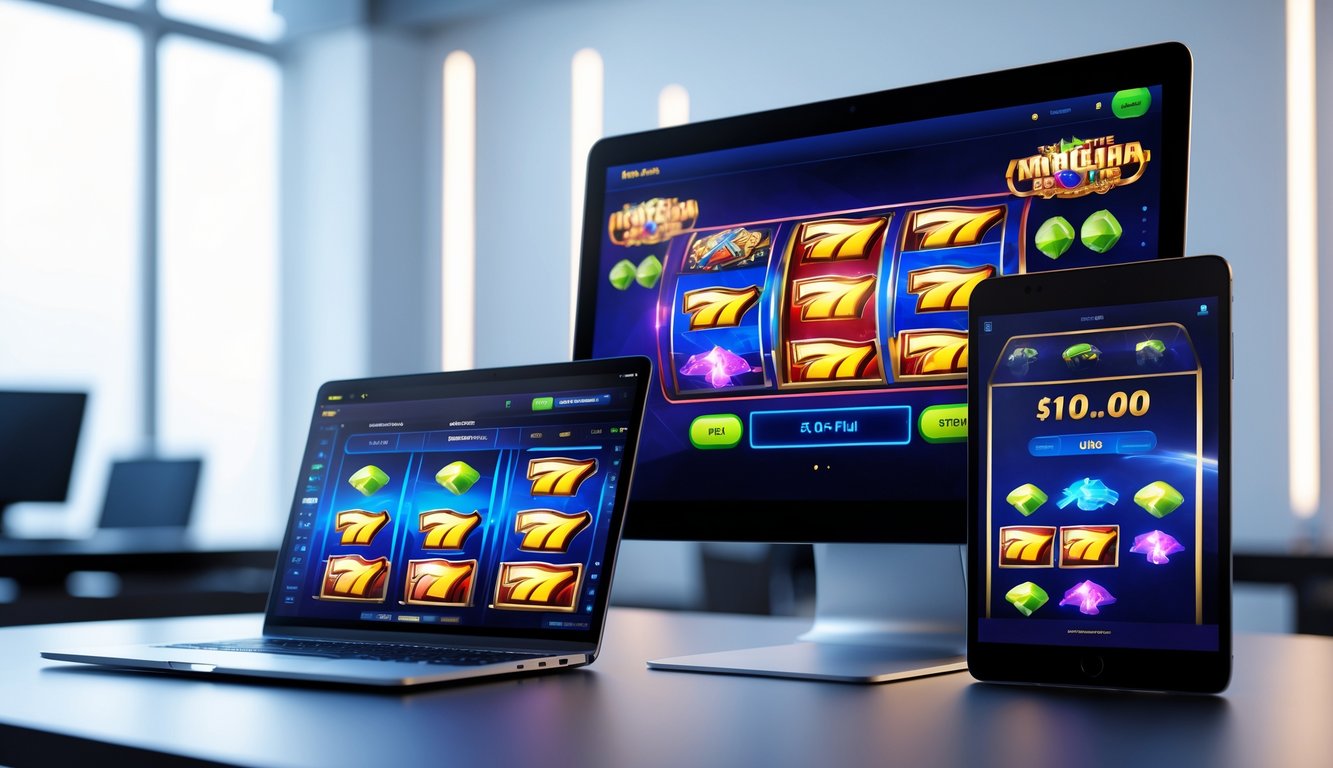 Tampilan berbagai perangkat yang menampilkan permainan slot online dengan latar belakang ruang kerja teknologi modern.
