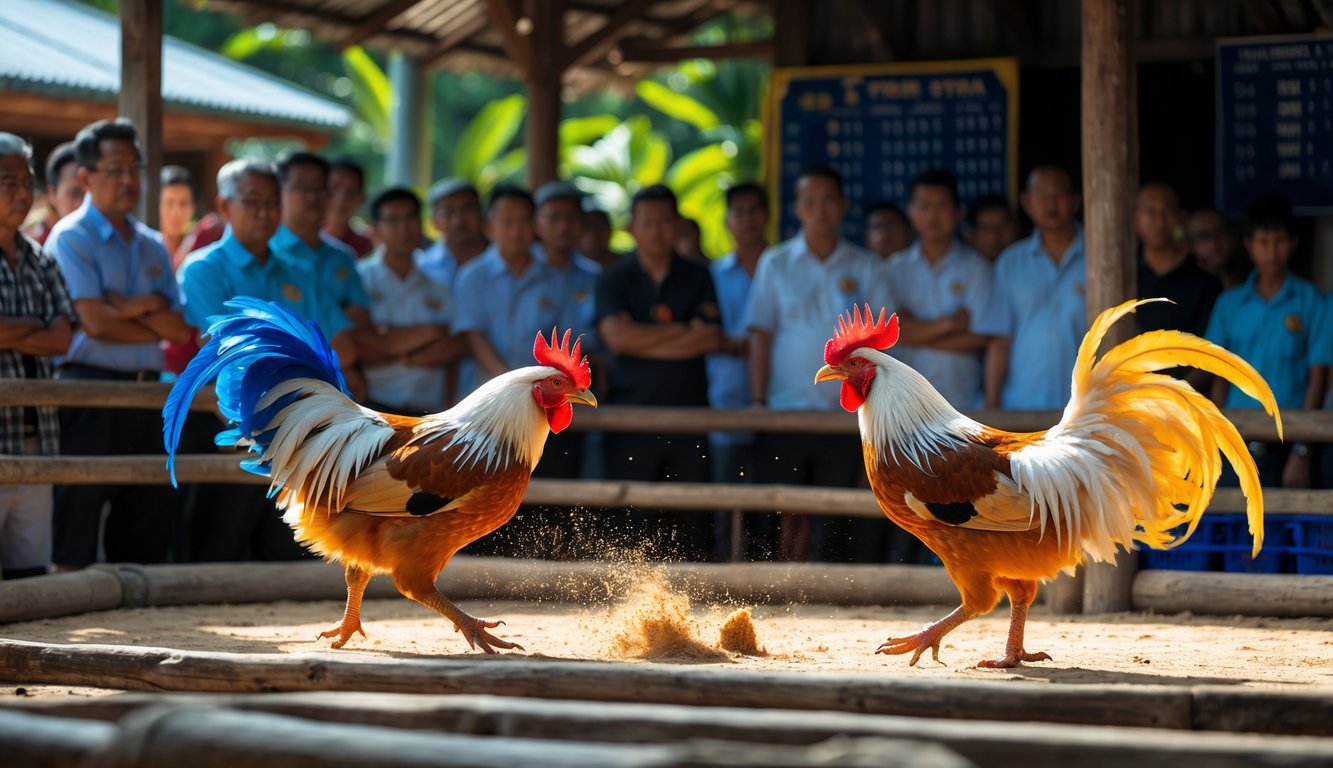 Dua ayam jago sedang bertarung di arena dengan penonton yang fokus memperhatikan di sekitar mereka.