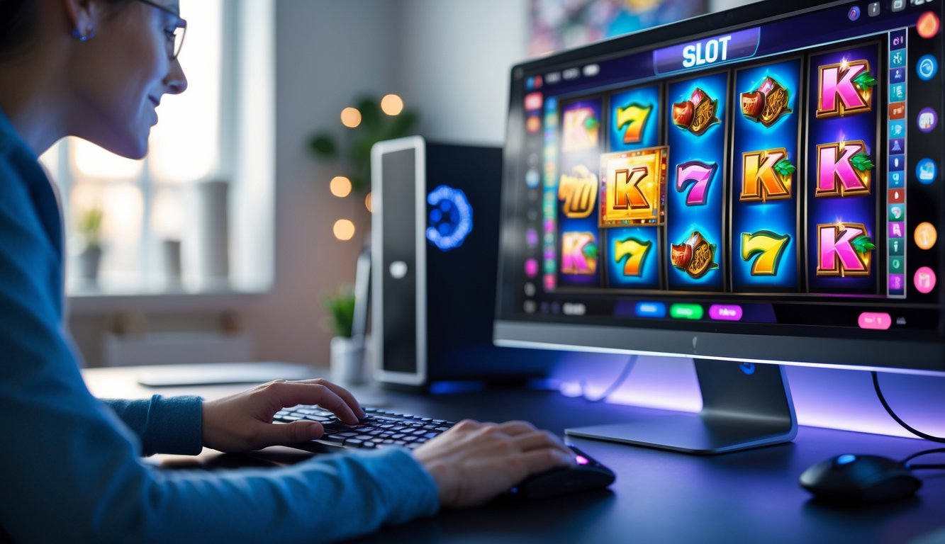 Seseorang menggunakan komputer dengan permainan slot online yang berwarna-warni di layar dalam ruangan yang nyaman dan rapi.