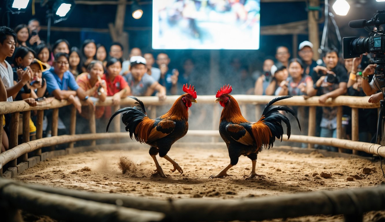 Pertandingan sabung ayam dengan dua ayam jago bertarung di arena melingkar, dikelilingi oleh penonton yang antusias dan operator kamera yang merekam pertandingan.