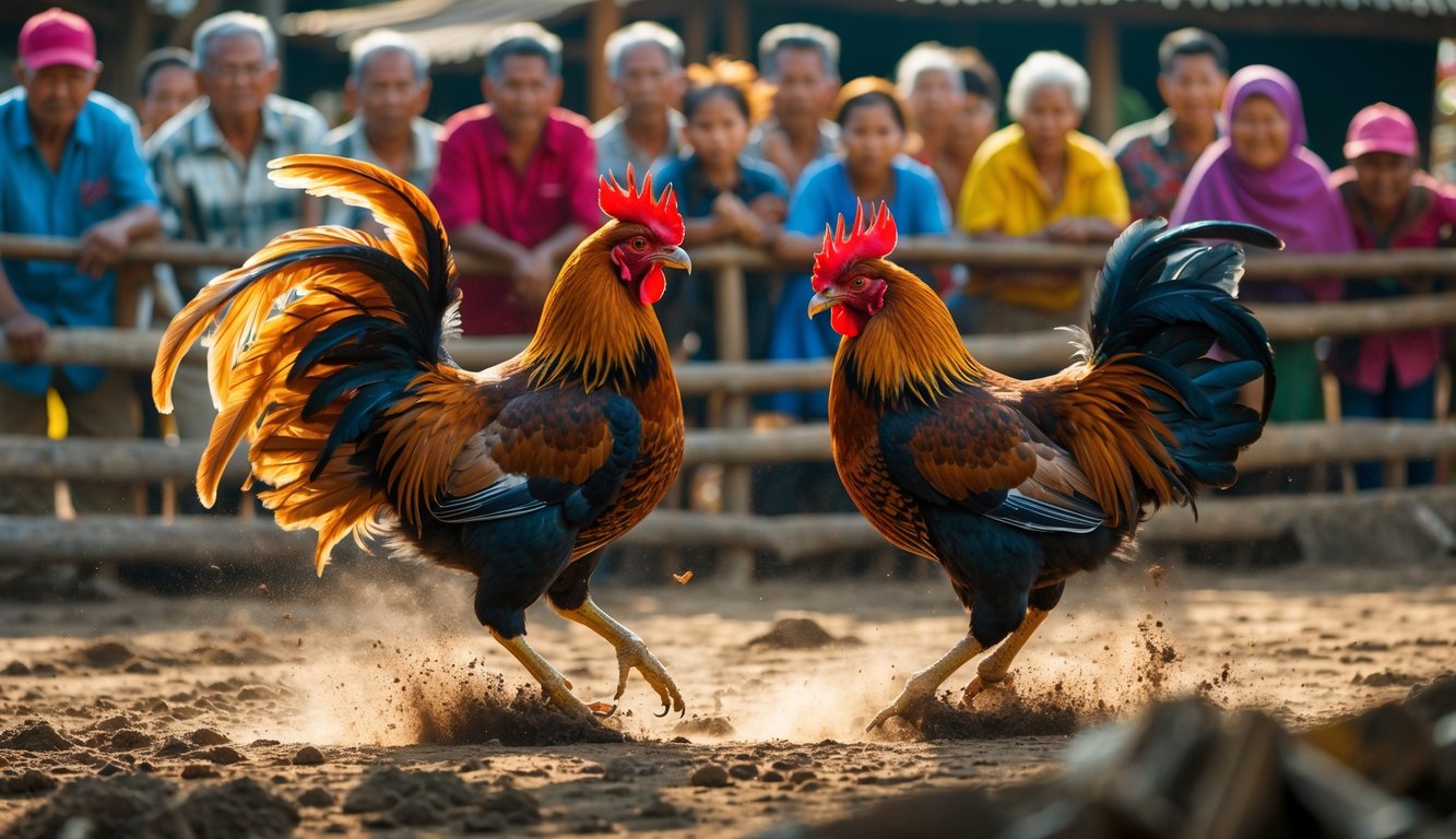 Dua ayam jago sedang bertarung di depan sekelompok orang yang menyaksikan dengan antusias di lingkungan komunitas tradisional.