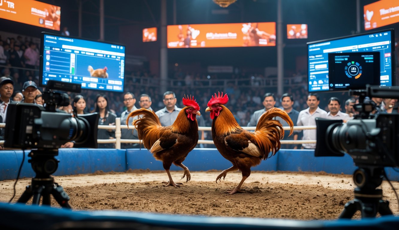 Pertandingan sabung ayam dengan dua ayam sedang bertarung di arena, dikelilingi oleh peralatan streaming dan penonton yang menonton dengan perangkat digital.
