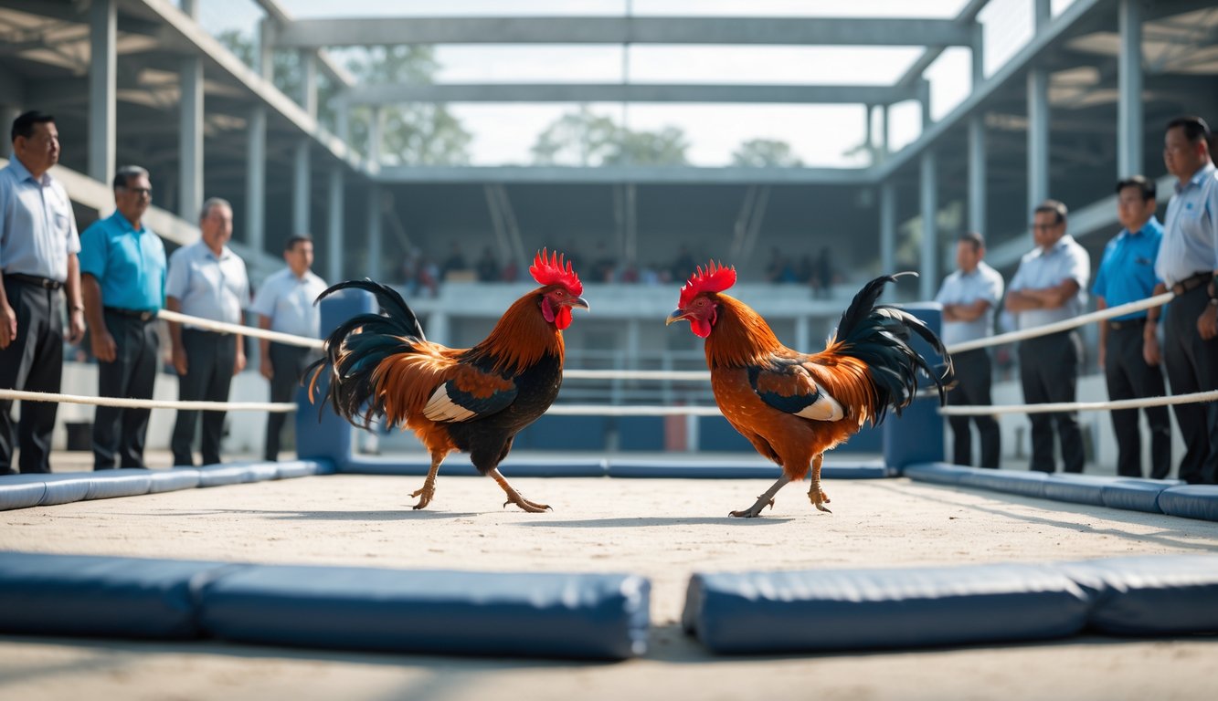 Dua ayam jago sedang bertarung di arena yang teratur dengan penonton dan wasit mengamati di sekitarnya.