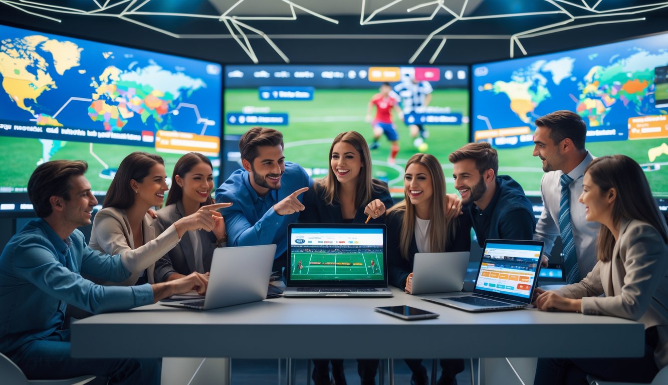 Beberapa orang muda sedang menggunakan komputer dan ponsel untuk menonton dan bertaruh pada pertandingan sepak bola internasional secara online.