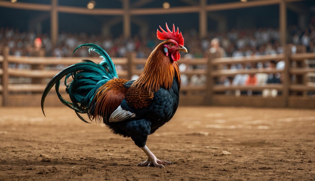 Seekor ayam jago yang kuat dan siap bertarung di arena sabung ayam dengan penonton di latar belakang.