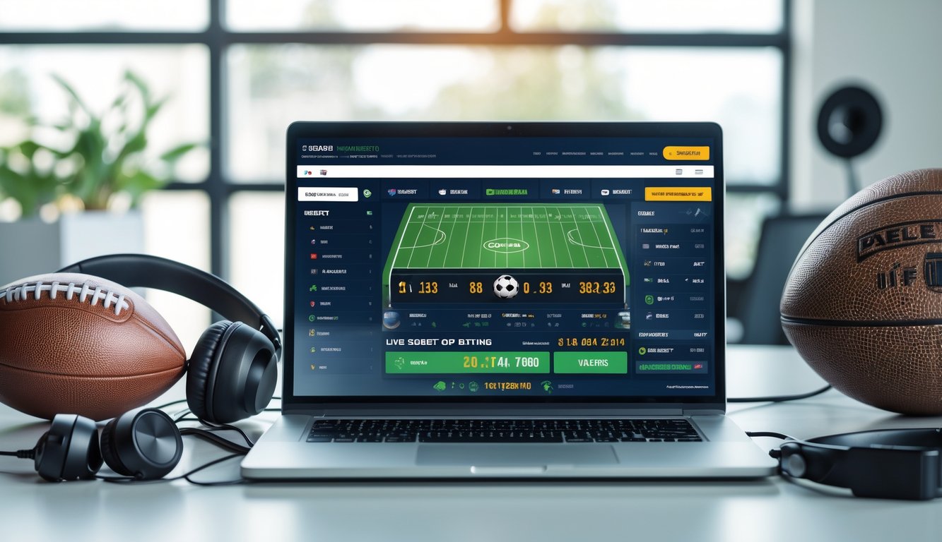 Sebuah ruang kerja modern dengan laptop yang menampilkan skor olahraga langsung dan peluang taruhan, dikelilingi oleh bola sepak, bola basket, dan headphone.
