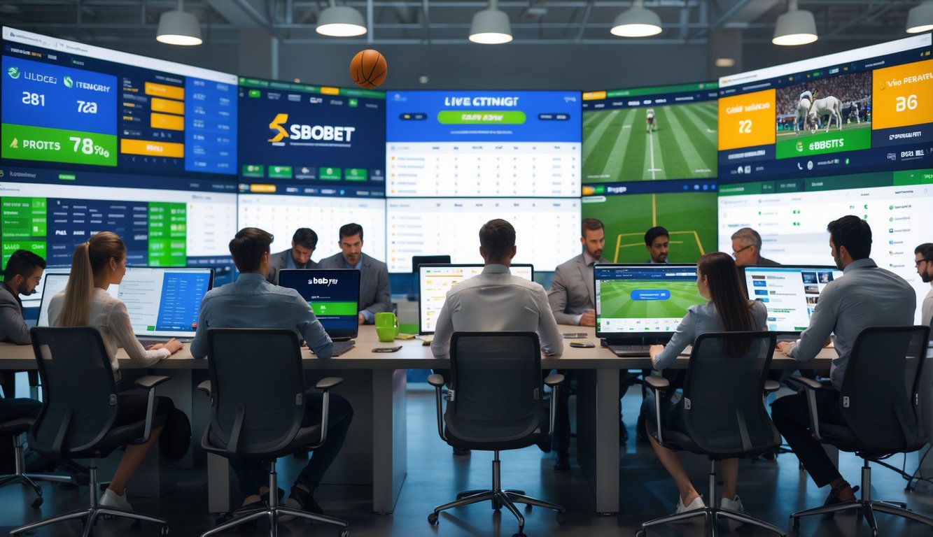 Orang-orang di ruang kerja modern memantau beberapa layar yang menampilkan pertandingan olahraga langsung dan data taruhan.
