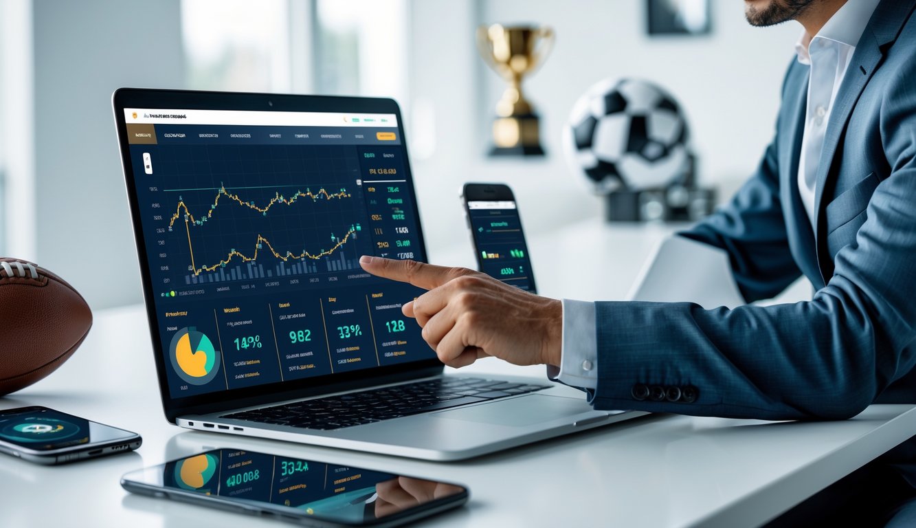 Seseorang menggunakan laptop di meja kerja dengan grafik analisis pertandingan olahraga di layar, dikelilingi perangkat digital lain dan memorabilia olahraga.