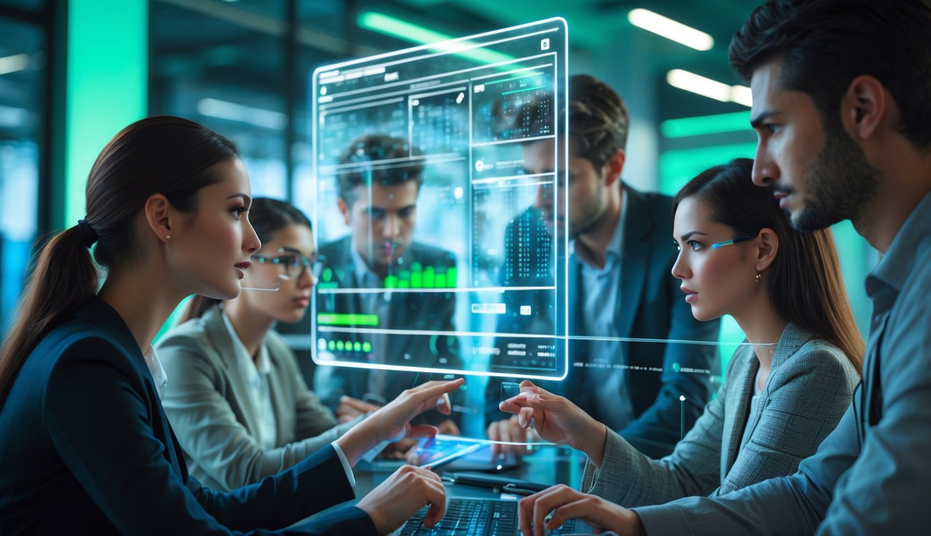 Sekelompok orang muda yang fokus menggunakan layar holografik di kantor futuristik dengan pencahayaan biru dan hijau.