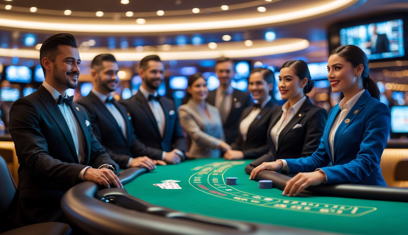 Seorang dealer kasino profesional sedang berinteraksi di meja kasino dengan latar belakang studio kasino yang modern.