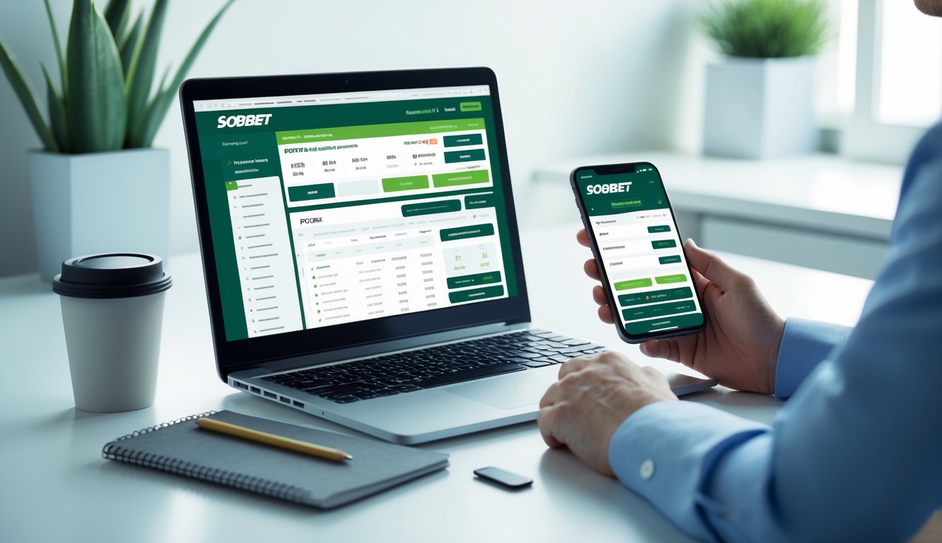 Seseorang menggunakan laptop dan ponsel di meja kerja yang rapi dengan cahaya alami, menampilkan situs taruhan olahraga online yang mudah dinavigasi.