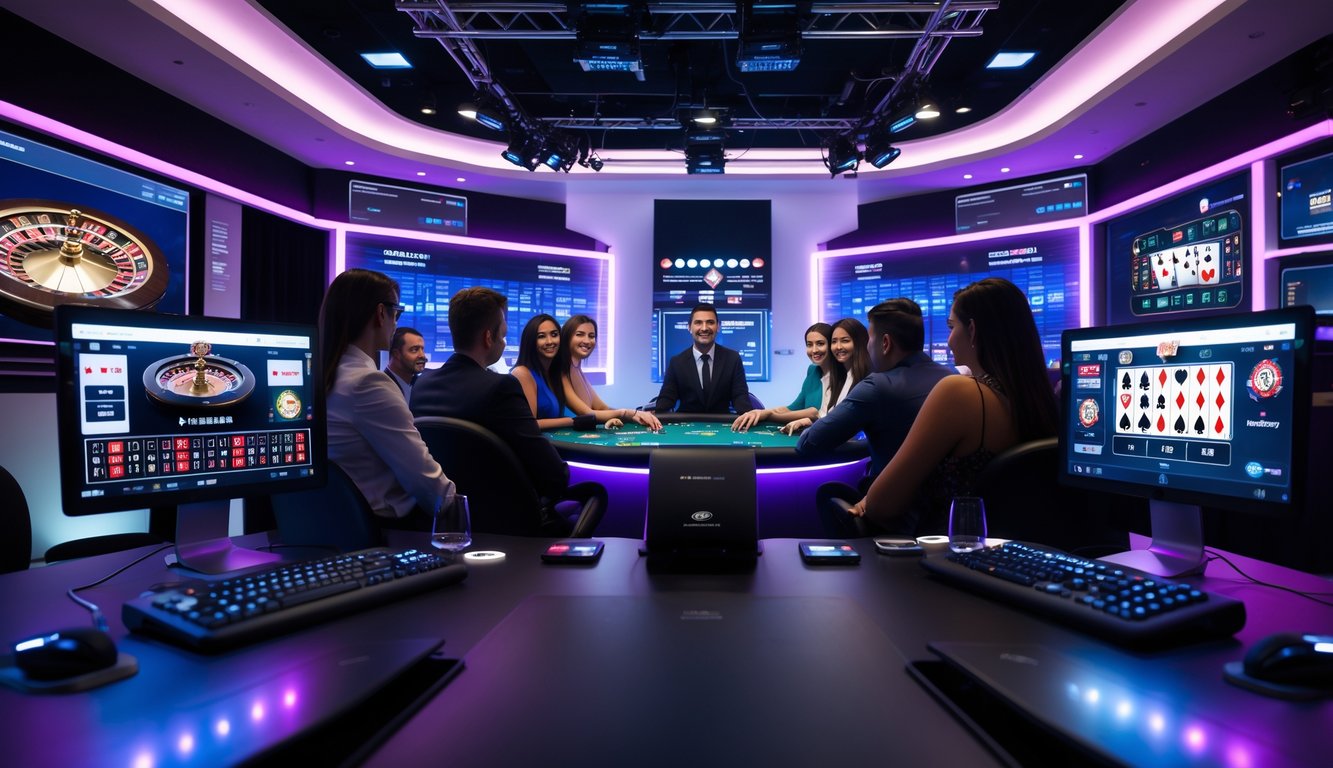 Suasana kasino online langsung dengan pemain dan dealer yang sedang bermain di depan layar komputer dalam ruangan modern.