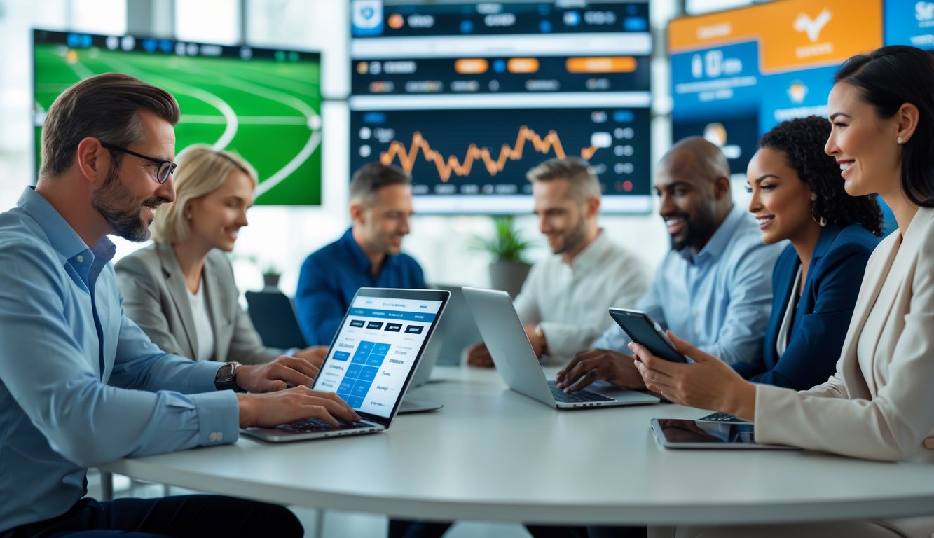 Beberapa orang menggunakan perangkat digital untuk memasang taruhan olahraga secara online di ruangan modern dengan layar besar yang menampilkan pertandingan olahraga.