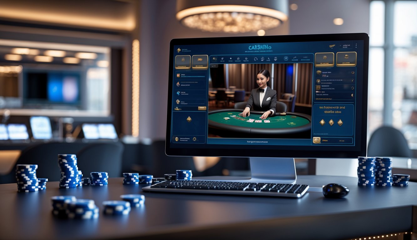 Suasana kasino online langsung dengan dealer yang sedang membagikan kartu di depan komputer dalam ruang kerja yang rapi.